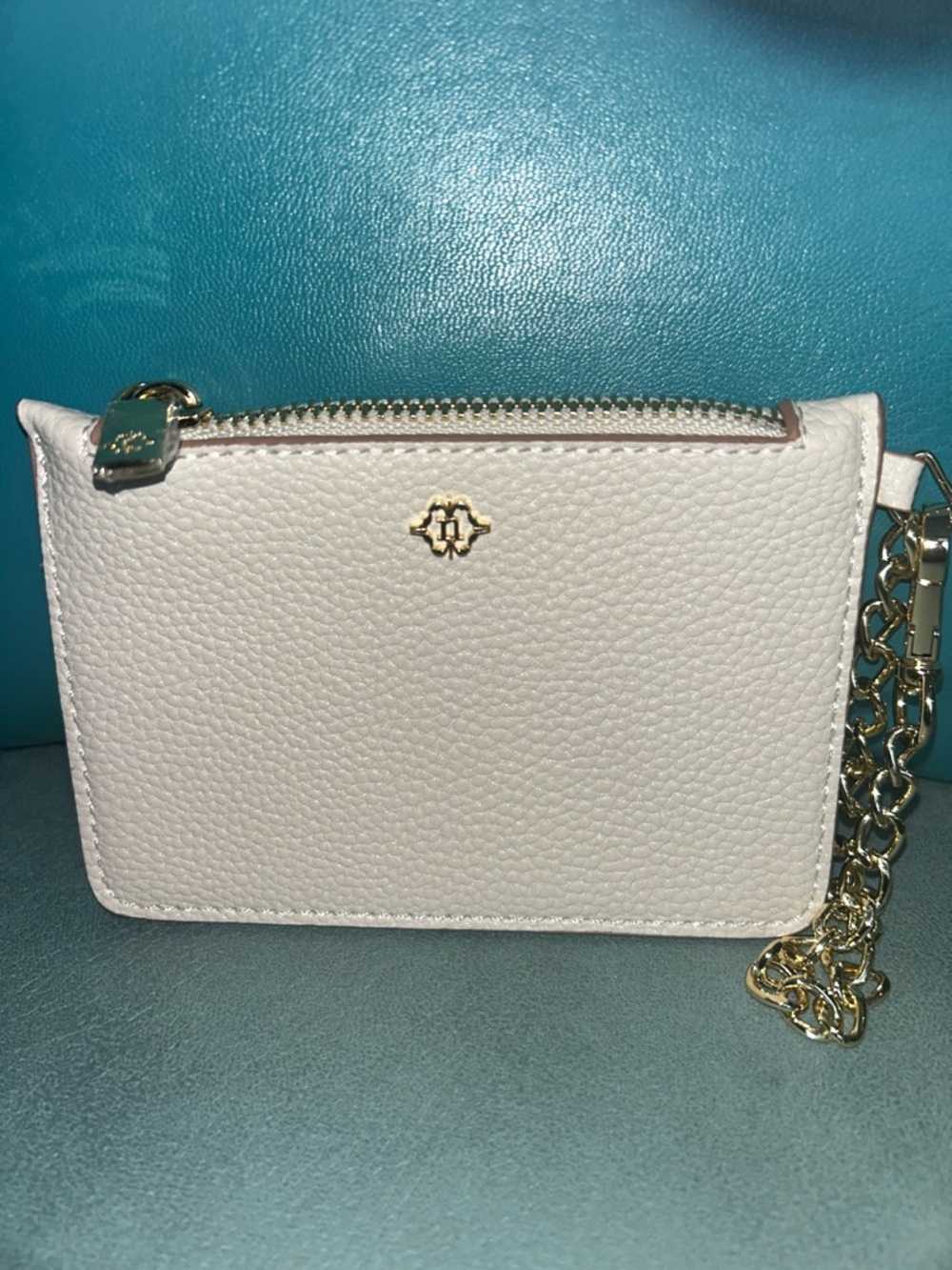 Nanette Lapore Cream Pebbled Leather Chain Card Holder Wristlet